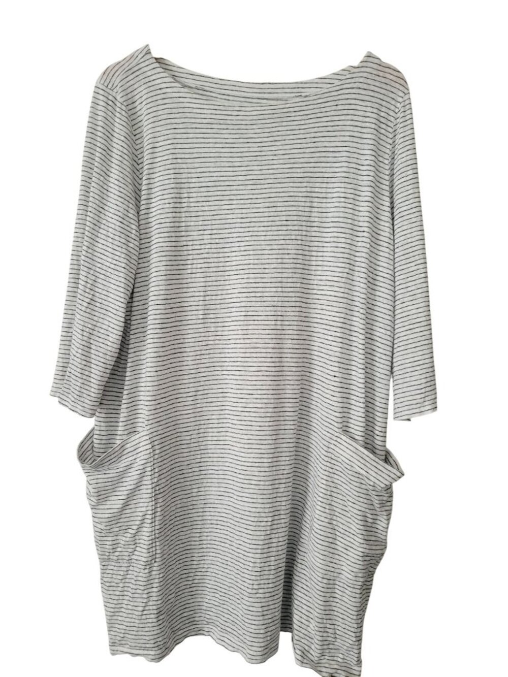 Eileen Fisher White Black stripe 100% Linen dress size XL pockets Lagenlook - Picture 2 of 8